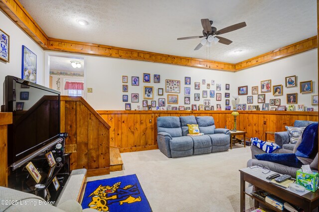 7003 Red Plum Ter, Pewee Valley, KY 40056 - living area featuring carpet, a textured ceiling, a wainscoted wall, a ceiling fan, and wooden walls