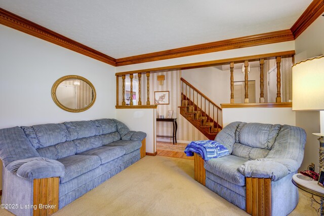 7003 Red Plum Ter, Pewee Valley, KY 40056 - living room featuring crown molding, stairs, baseboards, and carpet flooring