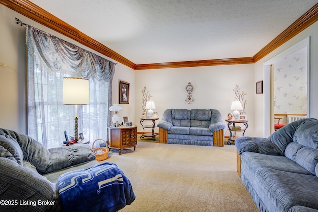 7003 Red Plum Ter, Pewee Valley, KY 40056 - living room with ornamental molding, carpet flooring, and a textured ceiling