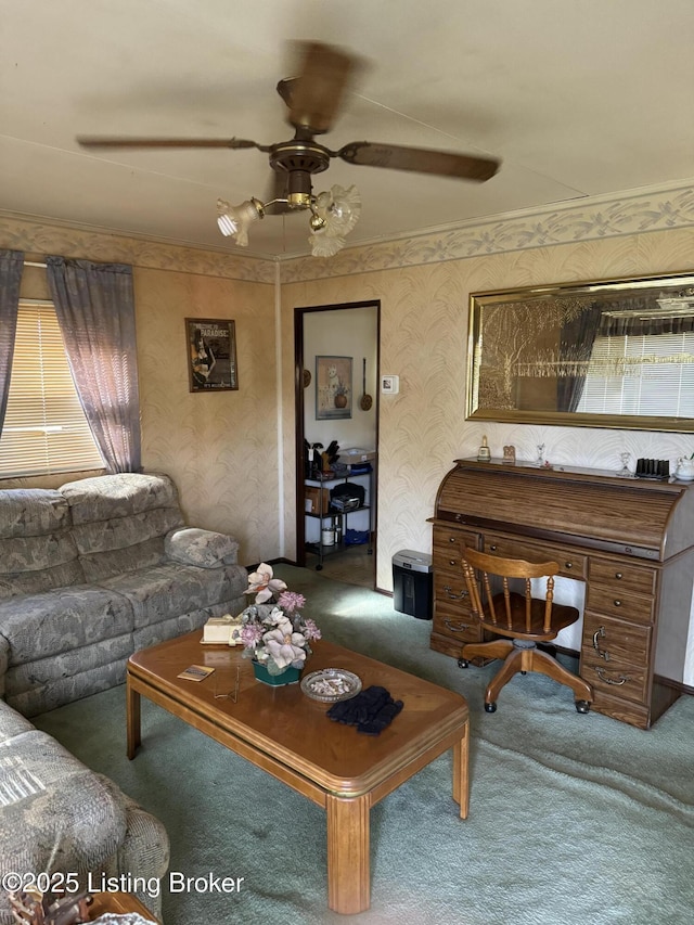 216 Bonnie Ln, Louisville, KY 40218 - living area featuring carpet, a ceiling fan, and wallpapered walls