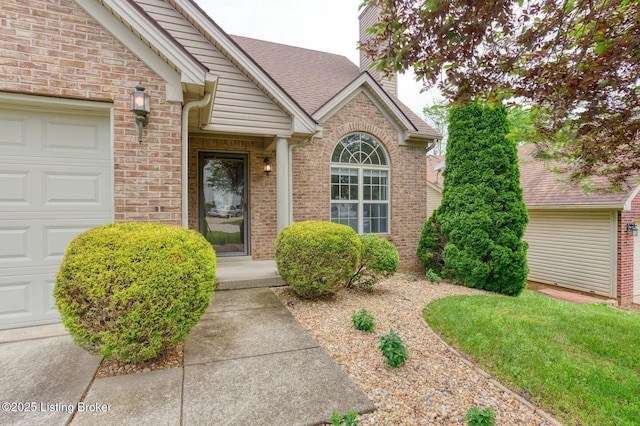 12627 Bay Tree Way, Louisville, KY 40245 - entrance to property with a garage, brick siding, a chimney, and a shingled roof