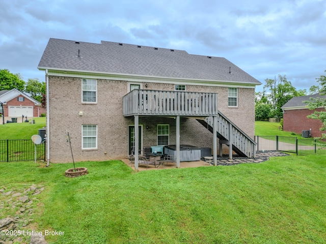 116 N Howard St, Bardstown, KY 40004 - rear view of property featuring a hot tub, a wooden deck, a patio, brick siding, and stairway
