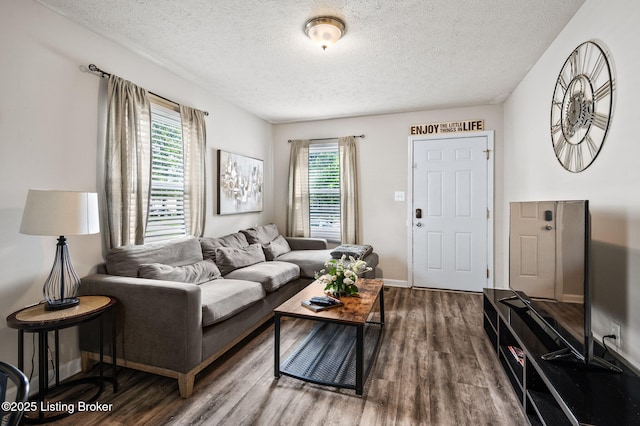1136 Euclid Ave, Louisville, KY 40208 - living room with wood finished floors, a textured ceiling, and baseboards