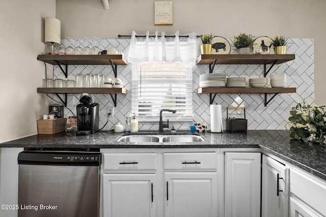 1136 Euclid Ave, Louisville, KY 40208 - kitchen with open shelves, dishwasher, a sink, backsplash, and white cabinets
