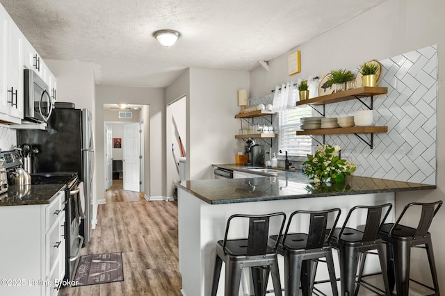 1136 Euclid Ave, Louisville, KY 40208 - kitchen with stainless steel appliances, a sink, decorative backsplash, light wood-style flooring, and a peninsula