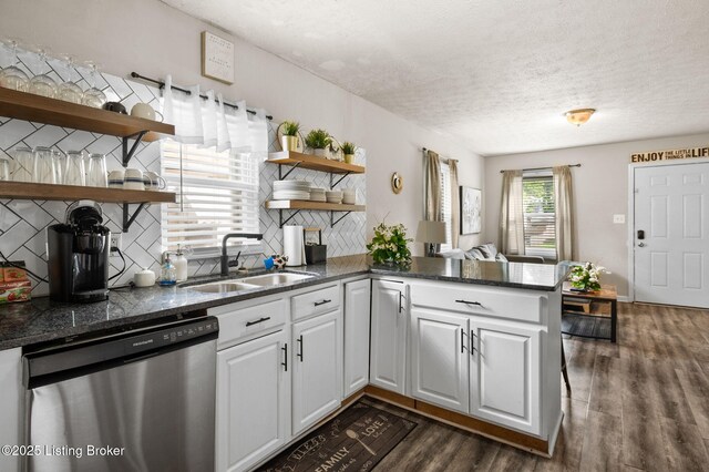 1136 Euclid Ave, Louisville, KY 40208 - kitchen featuring dishwasher, open shelves, a sink, dark wood finished floors, and a textured ceiling