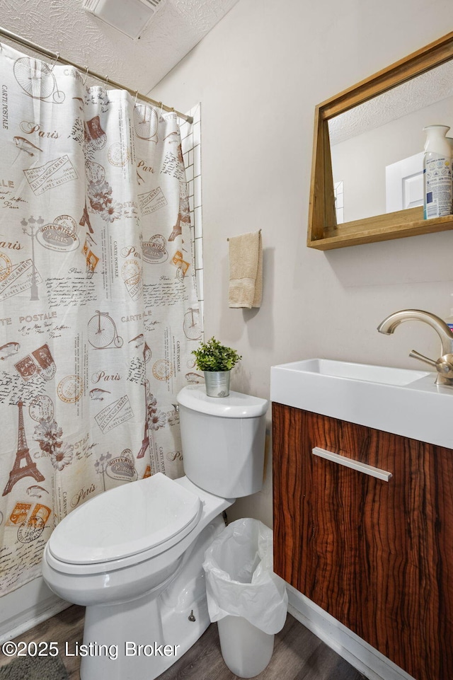 1136 Euclid Ave, Louisville, KY 40208 - bathroom featuring toilet, vanity, wood finished floors, a textured ceiling, and a shower with shower curtain