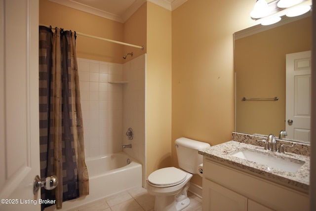 bathroom with tile patterned flooring, crown molding, toilet, shower / bathtub combination with curtain, and vanity