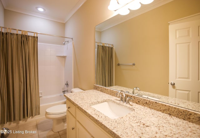 bathroom with crown molding, toilet, tile patterned flooring, vanity, and shower / bathtub combination with curtain