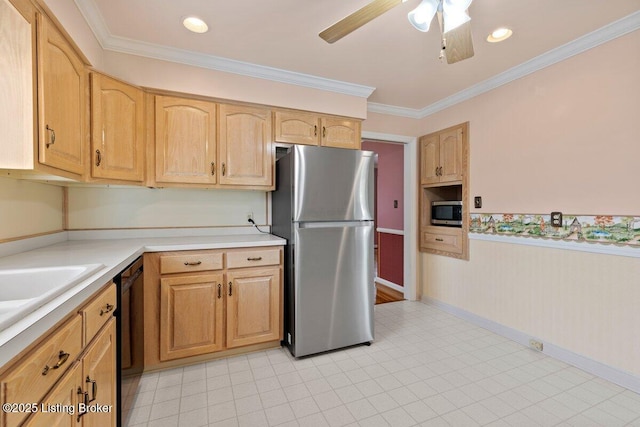 3531 Graham Rd, Louisville, KY 40207 - kitchen featuring stainless steel appliances, light brown cabinetry, light countertops, a wainscoted wall, and crown molding