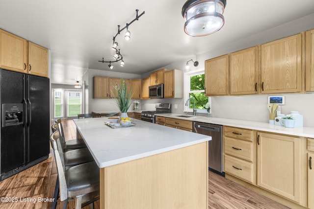 1900 Wolf Dr, La Grange, KY 40031 - kitchen featuring appliances with stainless steel finishes, a sink, a breakfast bar area, light brown cabinets, and plenty of natural light