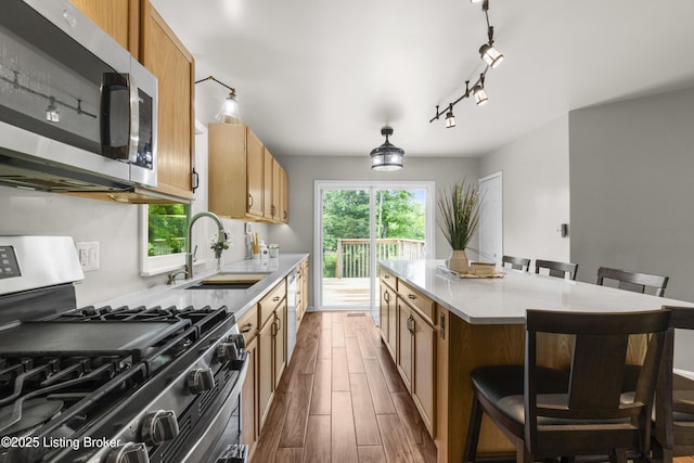 1900 Wolf Dr, La Grange, KY 40031 - kitchen with appliances with stainless steel finishes, rail lighting, a kitchen breakfast bar, a sink, and dark wood-style floors