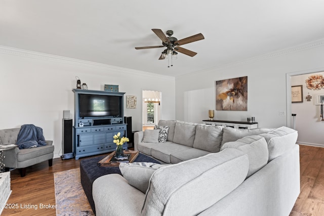 1609 Tall Oaks Dr, Jeffersonville, IN 47130 - living area with crown molding, a ceiling fan, dark wood-style floors, and baseboards
