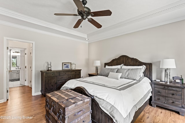 1609 Tall Oaks Dr, Jeffersonville, IN 47130 - bedroom with light wood finished floors, ornamental molding, ceiling fan, and baseboards