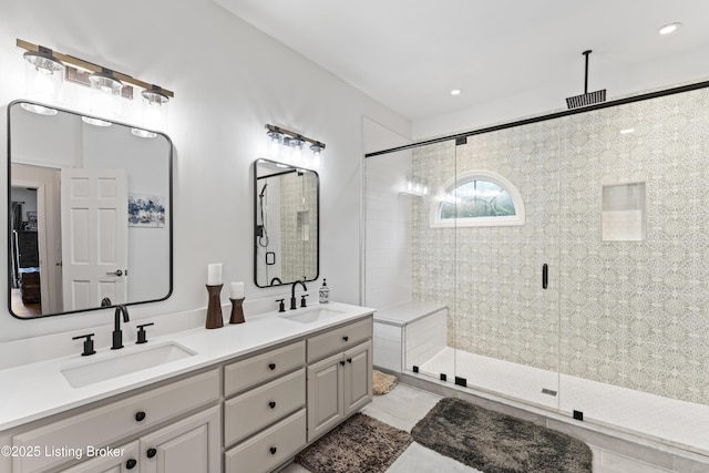 1609 Tall Oaks Dr, Jeffersonville, IN 47130 - full bath with a stall shower, tile patterned floors, double vanity, and recessed lighting