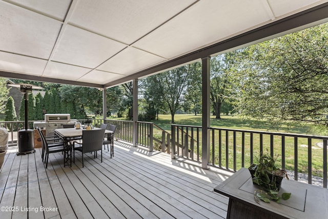 1609 Tall Oaks Dr, Jeffersonville, IN 47130 - wooden deck featuring outdoor dining area, a yard, and view of scattered trees