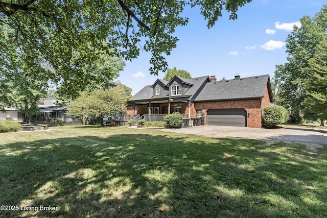 1609 Tall Oaks Dr, Jeffersonville, IN 47130 - cape cod house featuring brick siding, a garage, covered porch, a front lawn, and a chimney