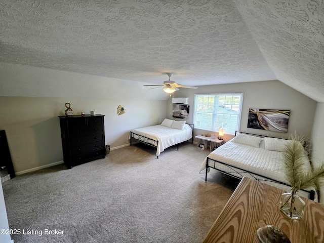 1609 Tall Oaks Dr, Jeffersonville, IN 47130 - bedroom featuring a textured ceiling, lofted ceiling, carpet, a ceiling fan, and baseboards