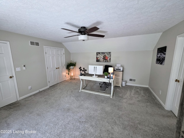 1609 Tall Oaks Dr, Jeffersonville, IN 47130 - carpeted home office with a ceiling fan, lofted ceiling, baseboards, and a textured ceiling