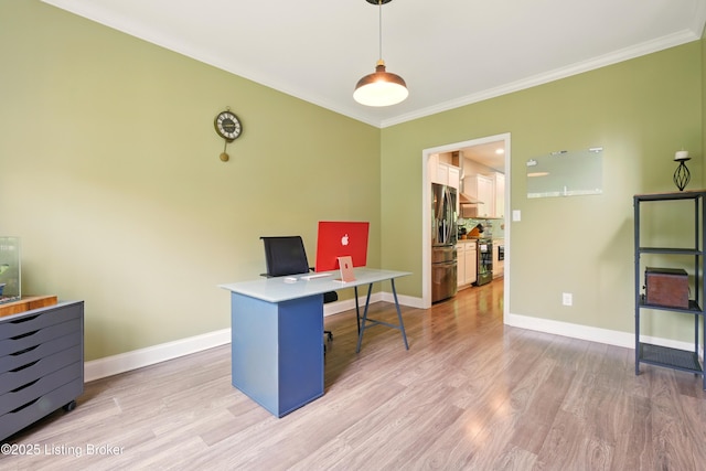 566 Wooded Falls Rd, Louisville, KY 40243 - home office featuring crown molding, light wood-style floors, and baseboards