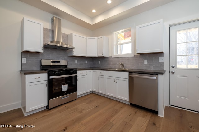 426 E Oak St, Louisville, KY 40203 - kitchen with appliances with stainless steel finishes, wall chimney range hood, a sink, dark countertops, and light wood-style flooring
