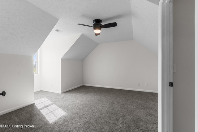 228 Schlaefer Way, Rineyville, KY 40162 - additional living space featuring a textured ceiling, ceiling fan, carpet flooring, vaulted ceiling, and baseboards