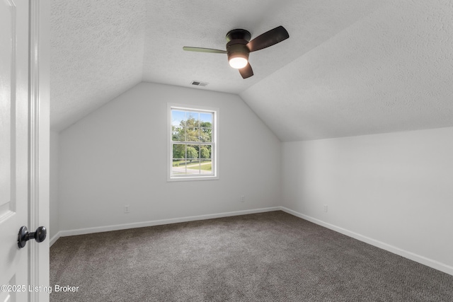 228 Schlaefer Way, Rineyville, KY 40162 - bonus room featuring a textured ceiling, ceiling fan, carpet floors, vaulted ceiling, and baseboards