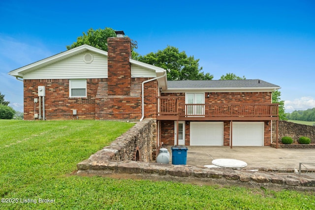 1160 Buck Knobs Rd, Ekron, KY 40117 - back of house with brick siding, a wooden deck, a chimney, a lawn, and a garage