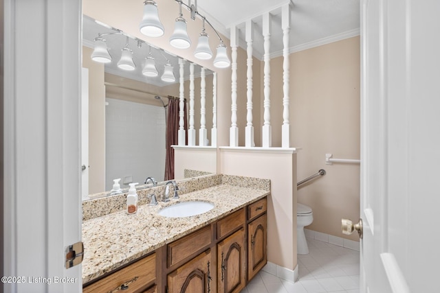 1160 Buck Knobs Rd, Ekron, KY 40117 - bathroom with toilet, ornamental molding, tile patterned floors, vanity, and baseboards