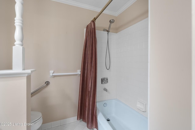 1160 Buck Knobs Rd, Ekron, KY 40117 - bathroom with crown molding, tile patterned floors, toilet, shower / bath combo with shower curtain, and baseboards