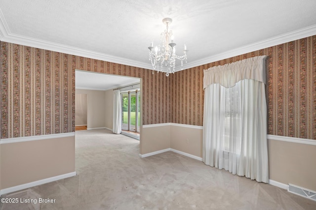 1160 Buck Knobs Rd, Ekron, KY 40117 - spare room featuring a chandelier, crown molding, wallpapered walls, carpet, and baseboards