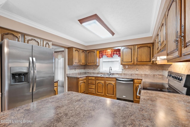1160 Buck Knobs Rd, Ekron, KY 40117 - kitchen with stainless steel appliances, a sink, ornamental molding, brown cabinets, and backsplash