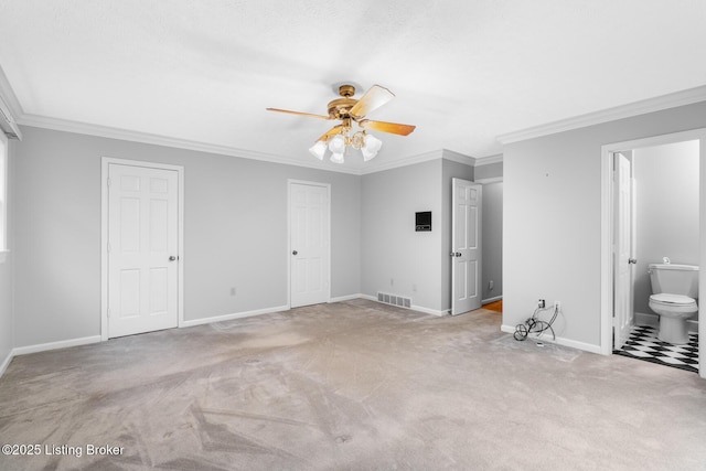 1160 Buck Knobs Rd, Ekron, KY 40117 - unfurnished bedroom with baseboards, crown molding, carpet, two closets, and a ceiling fan