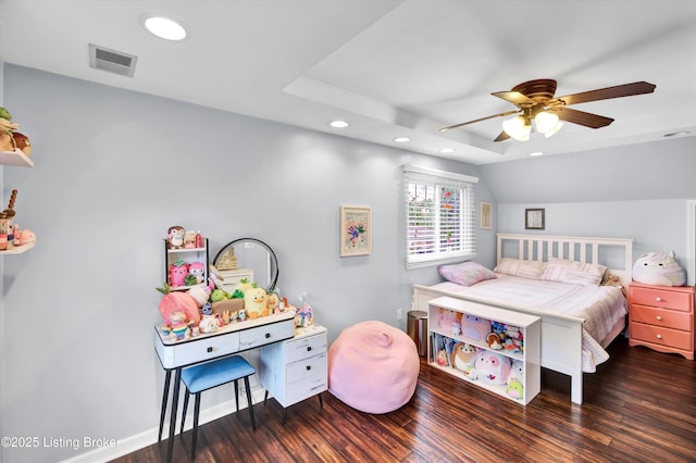 bedroom featuring recessed lighting, wood finished floors, and ceiling fan