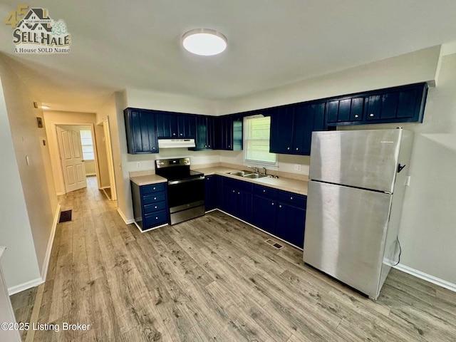 105 Rizer Ave, Springfield, KY 40069 - kitchen with appliances with stainless steel finishes, blue cabinets, under cabinet range hood, light wood-style flooring, and light countertops