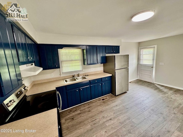 105 Rizer Ave, Springfield, KY 40069 - kitchen featuring appliances with stainless steel finishes, a sink, exhaust hood, blue cabinets, and light countertops