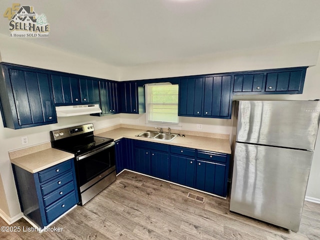 105 Rizer Ave, Springfield, KY 40069 - kitchen with stainless steel appliances, under cabinet range hood, a sink, blue cabinets, and light wood-type flooring