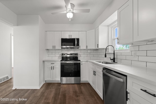 kitchen with appliances with stainless steel finishes, a sink, a ceiling fan, dark wood-style flooring, and tasteful backsplash