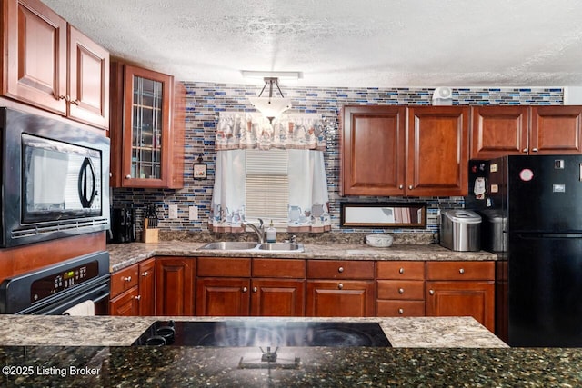 271 Carters St, New Castle, KY 40050 - kitchen with black appliances, a sink, a textured ceiling, glass insert cabinets, and backsplash