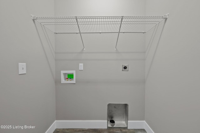 314 Nolin Estates Rd, Clarkson, KY 42726 - clothes washing area featuring hookup for an electric dryer, baseboards, washer hookup, and wood finished floors