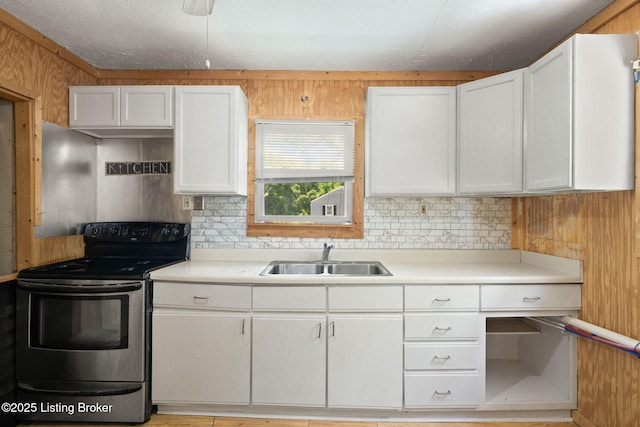 6614 Putman St, Louisville, KY 40216 - kitchen featuring a sink, stainless steel electric range, white cabinets, light countertops, and wooden walls