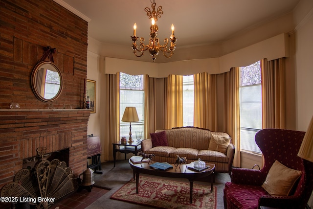 2511 W Chestnut St, Louisville, KY 40211 - carpeted living room featuring a chandelier and a fireplace