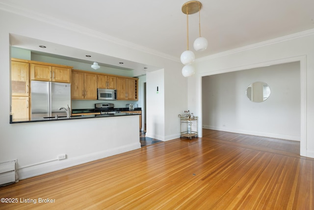 1412 Willow Ave Unit 69, Louisville, KY 40204 - kitchen featuring stainless steel appliances, dark countertops, crown molding, decorative light fixtures, and wood finished floors