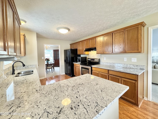 10923 Collington Dr, Louisville, KY 40241 - kitchen featuring appliances with stainless steel finishes, a sink, under cabinet range hood, light wood-style floors, and a textured ceiling