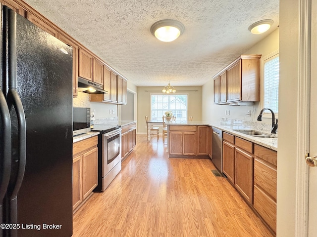 10923 Collington Dr, Louisville, KY 40241 - kitchen with stainless steel appliances, a sink, a peninsula, under cabinet range hood, and light wood-type flooring