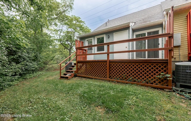 10600 Colonial Woods Way Unit 9-1, Louisville, KY 40223 - rear view of house featuring a deck, cooling unit, stairs, roof with shingles, and a lawn
