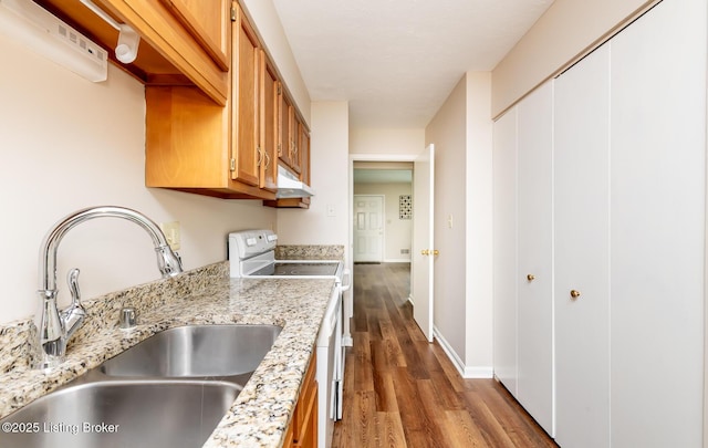 10600 Colonial Woods Way Unit 9-1, Louisville, KY 40223 - kitchen with a sink, white electric range oven, dark wood-style flooring, under cabinet range hood, and baseboards