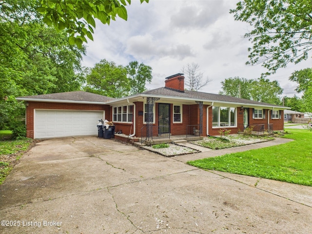 4212 David Ave, Louisville, KY 40215 - ranch-style house with brick siding, covered porch, a garage, driveway, and a chimney