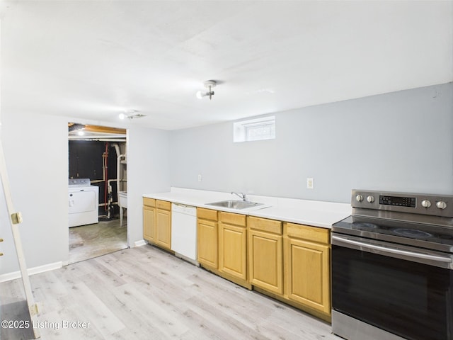 4212 David Ave, Louisville, KY 40215 - kitchen with stainless steel range with electric cooktop, washer / clothes dryer, white dishwasher, a sink, and light wood finished floors