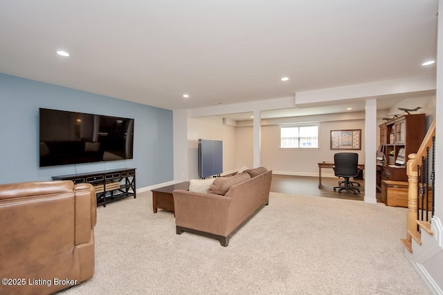 18705 Weymuth Ln, Louisville, KY 40245 - living area featuring recessed lighting, light carpet, baseboards, and a desk